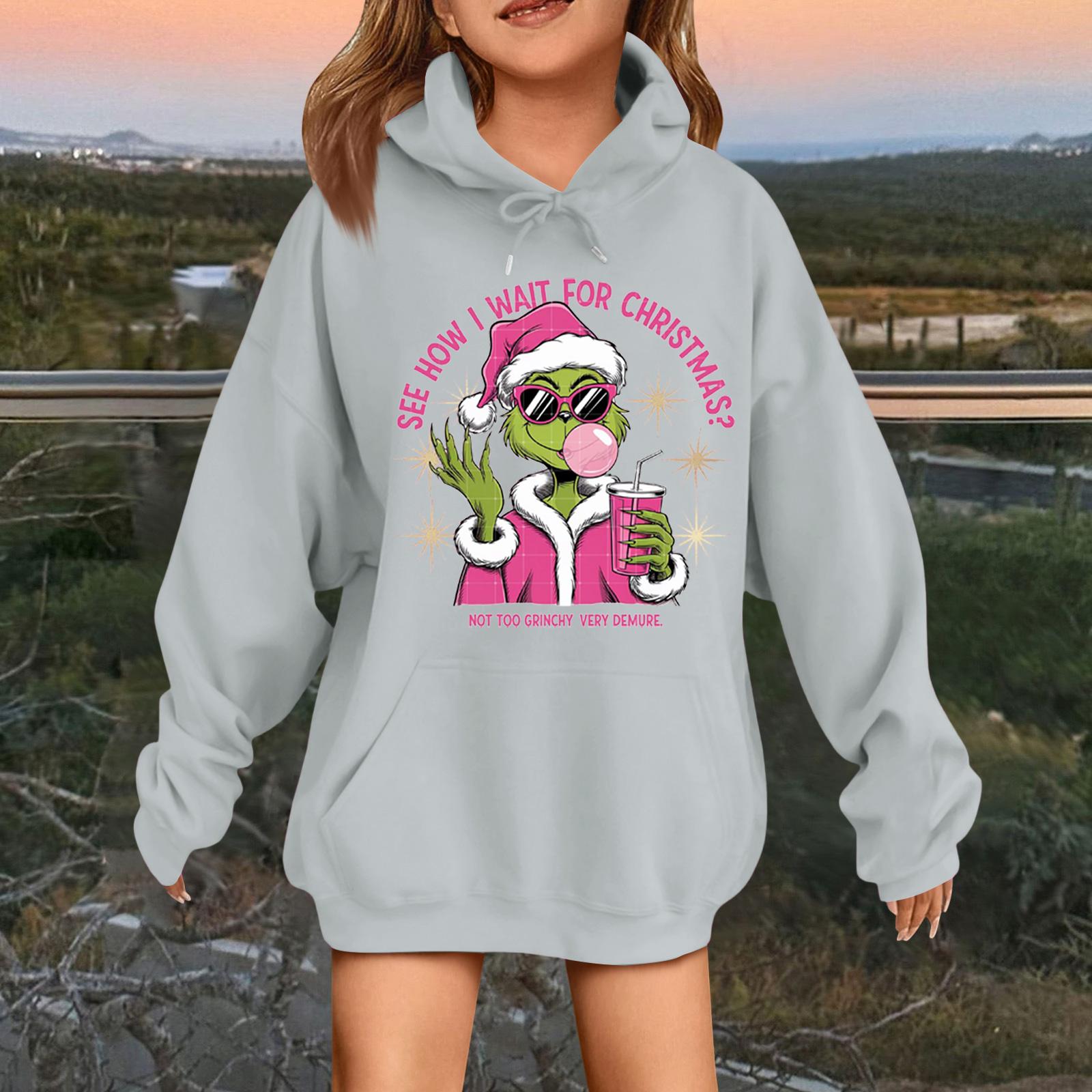 

Детская модная повседневная толстовка с капюшоном свободного кроя с длинными рукавами и рождественским принтом 160 светло-серый