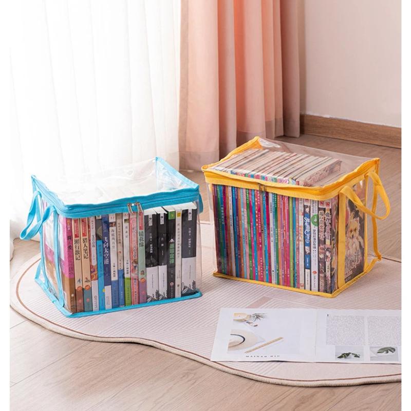 Transparent Foldable Book Storage Organizer With Zipper Lid Portable Handles For Home Office Student Dorm Use
