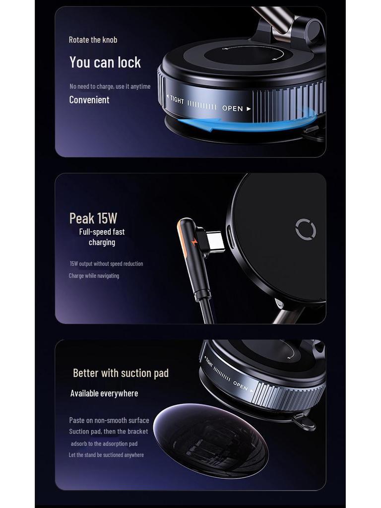 Multifunctional Car Phone Holder with Wireless Charging & 360° Rotation, MagSafe-Compatible with Magnetic Suction Cup