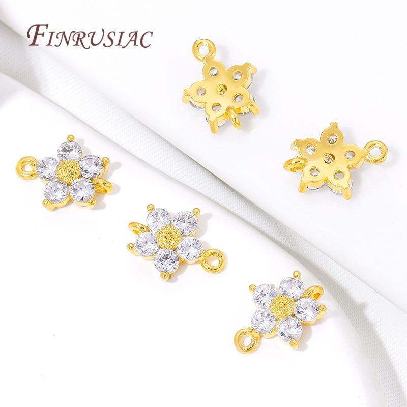 18K Gold Plated Micro Pave Cubic Zirconia Flower Connector Charms 2 Holes Crystal Flower Jewelry Link For Handmade Accessories