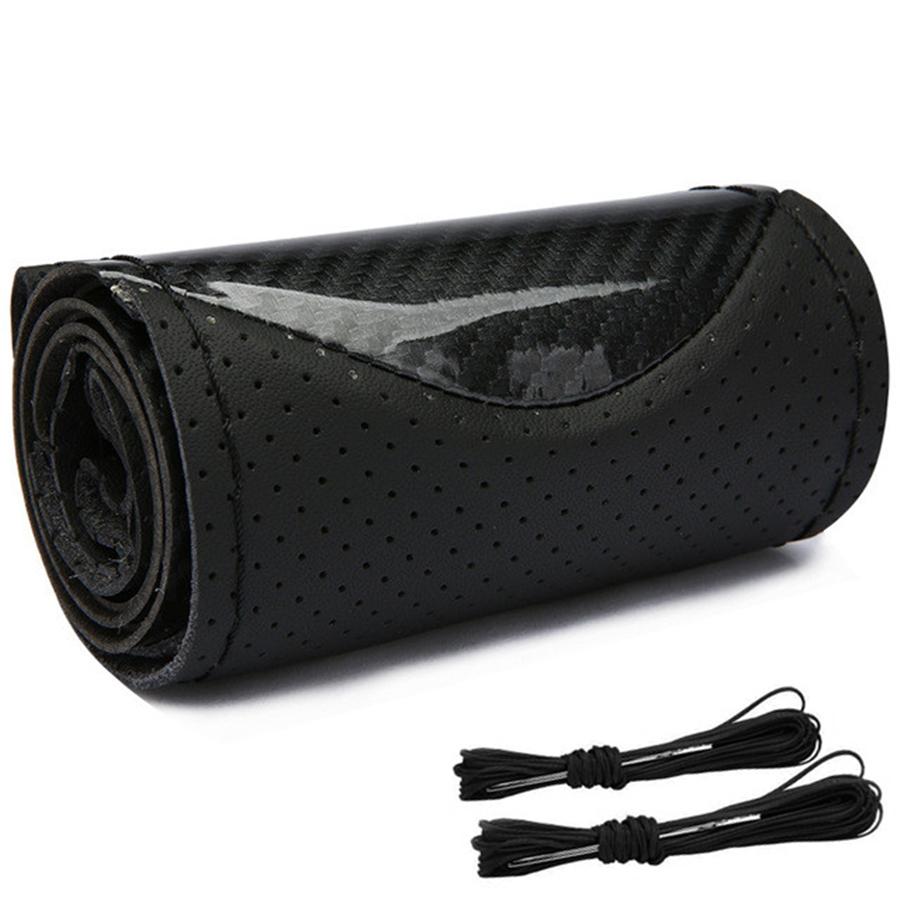 38cm PU Leather DIY Black Carbon Fiber Deluxe Car Steering Wheel Cover Trim 1Pcs