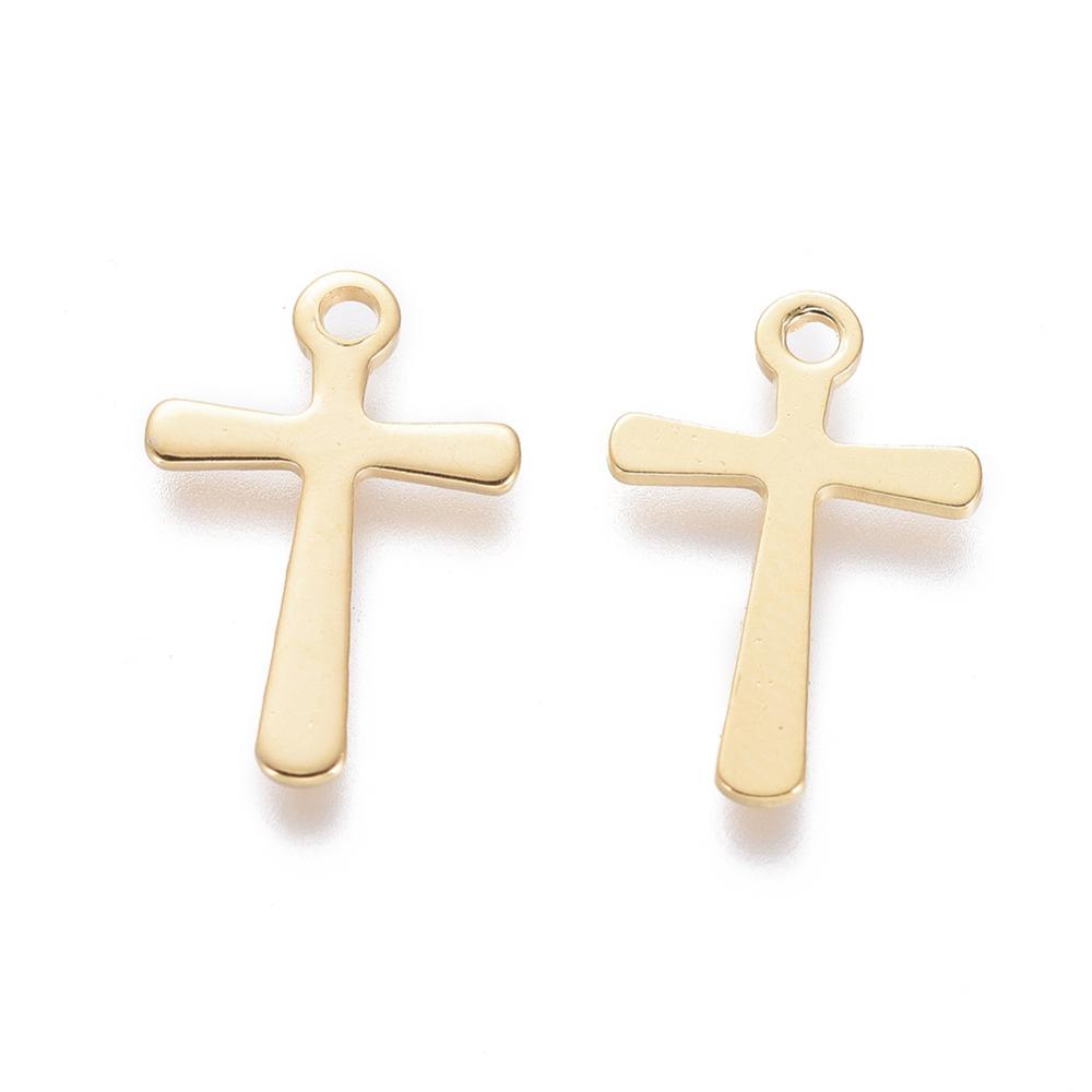 20pcs 201 Stainless Steel Tiny Cross Charms Golden 15x10x0.7mm Hole: 1.4mm
