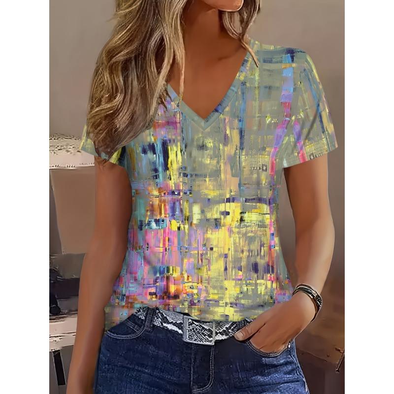 2025 New Summer Women's Black and White Plaid Print T-shirt V-neck Short Sleeve Casual Daily Basic Tops Women's Summer Pullover