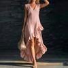 Women's Clothing European and American New Fashion Romantic Sleeveless V-neck Personalized Ruffle Hem Medium and Long Dress