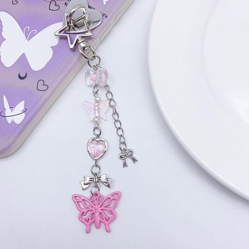 Butterfly Beaded Phone Lanyard Bowknot Pendant Wrist Strap Detachable Phone Chains Keyring Portable Accessory for Women