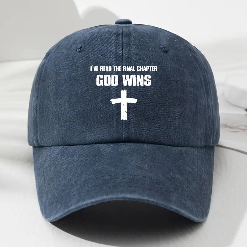 God Wins Cross Baseball Cap Christian Faith Distressed Denim Adjustable Outdoor Sports Hat Unisex