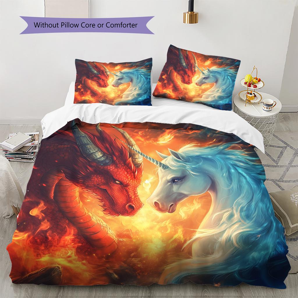 Dragon and unicorn Pattern Bedding Quilt Set Quilt Cover Pillowcase Home Decoration Gift (1 * duvet cover + 2 * pillowcase, without core)