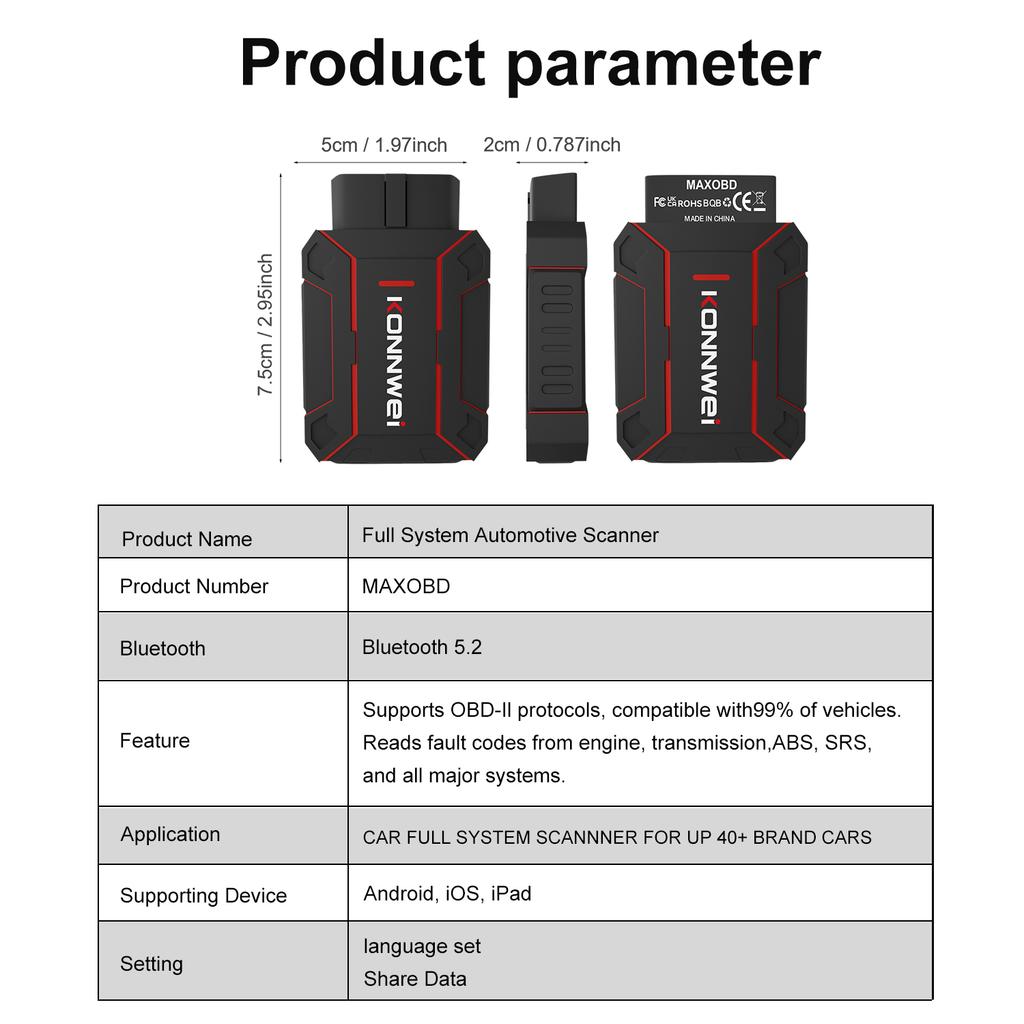 2026 MAXOBD KONNWEI Nástroj pro diagnostiku závad celého systému automobilu OBDII Hloubkové skenování Bluetooth připojení Monitorovací systém OBD2 Skenovací nástroj