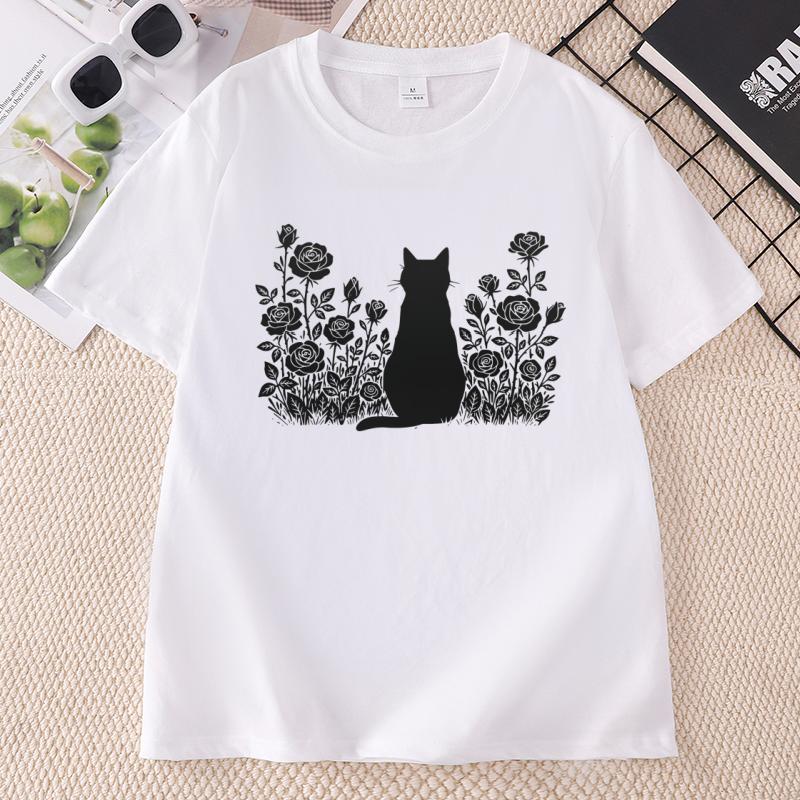 Vintage Comfort Y2k Cat T Shirt Unisex Ladies Cute Kitten Tee Pressed Flowers Tshirt Casuashort Sleeve Round Neck Tee