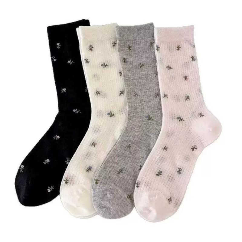 Spring and Summer Boneless Lightweight Cotton Small Floral Retro Mid-Calf Stockings with Mesh and Versatile Multi-Patterned Design