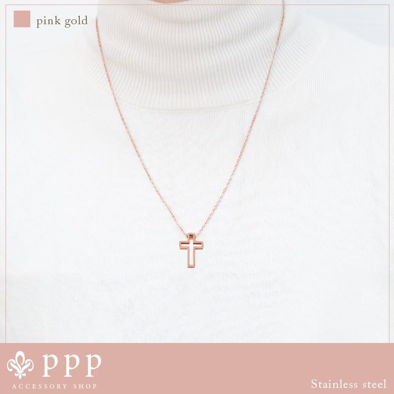 [mico.lor] Stainless Steel Necklace (197) Cross Pendant, Surgical Stainless Steel 316L, Hypoallergenic, Women's, Men's, Pink Gold
