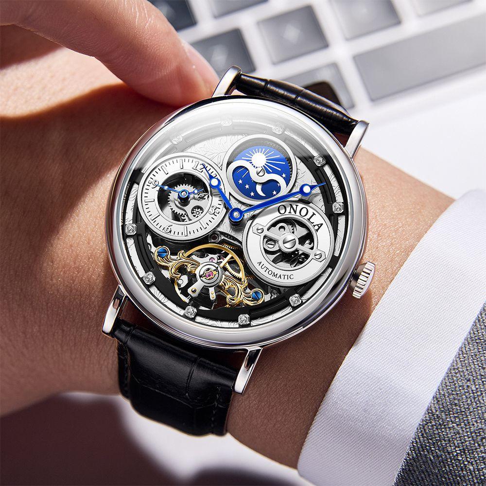 Fashion ONOLA Men Automatic Mechanical Watch Men Stainless Steel Skeleton Wristwatch Men Leather Strap Watch