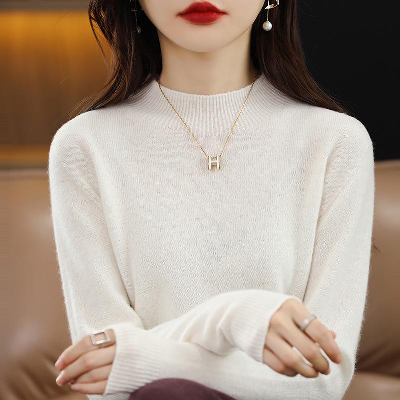 Women's Slim-Fit High Neck Wool Sweater - Autumn/Winter 2023 Collection, Solid Color, Base Layer