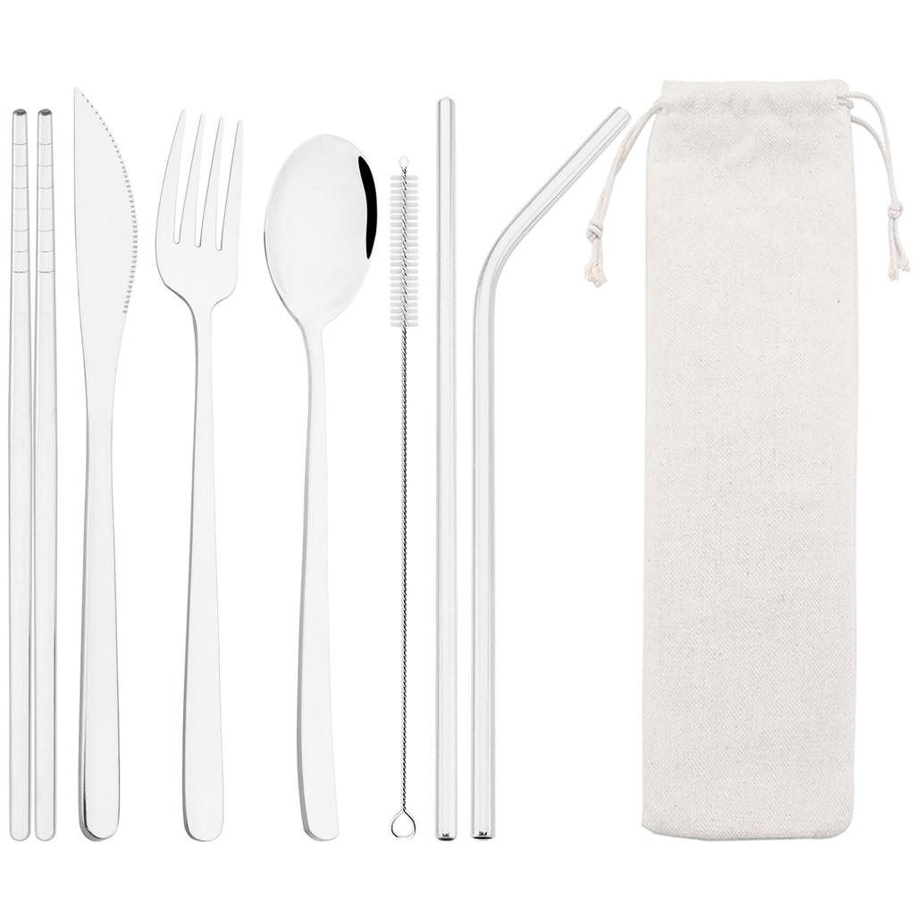 8pcs Gold Travel Dinnerware Knife Fork Spoon Chopsticks Straw Cutlery with Bag Mirror Stainless Steel Flatware Kitchen Tableware