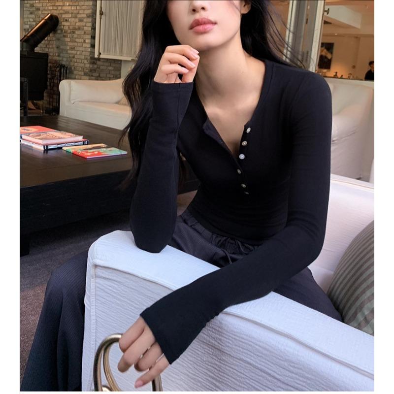 Apricot Henley Long Sleeve T-shirt Women's Slim Fit Bottoming Shirt Autumn New Early Autumn T-shirt