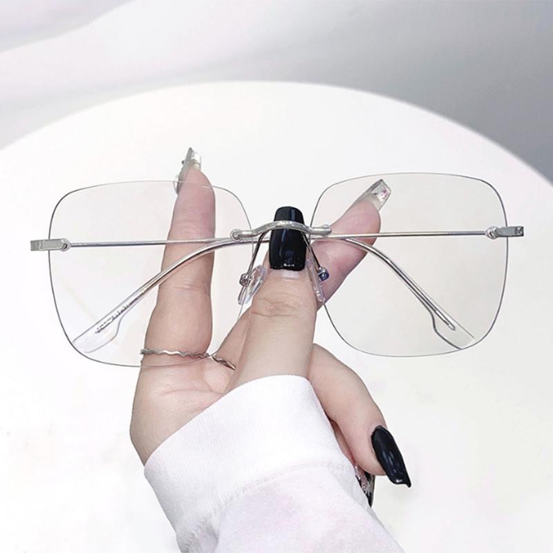 Metal Rimless Glasses Big Frame Women Prescription Anti-Blue Light Myopia Optical Square Eyewear 0 -0.5 -1.0 -1.5 To -5.0