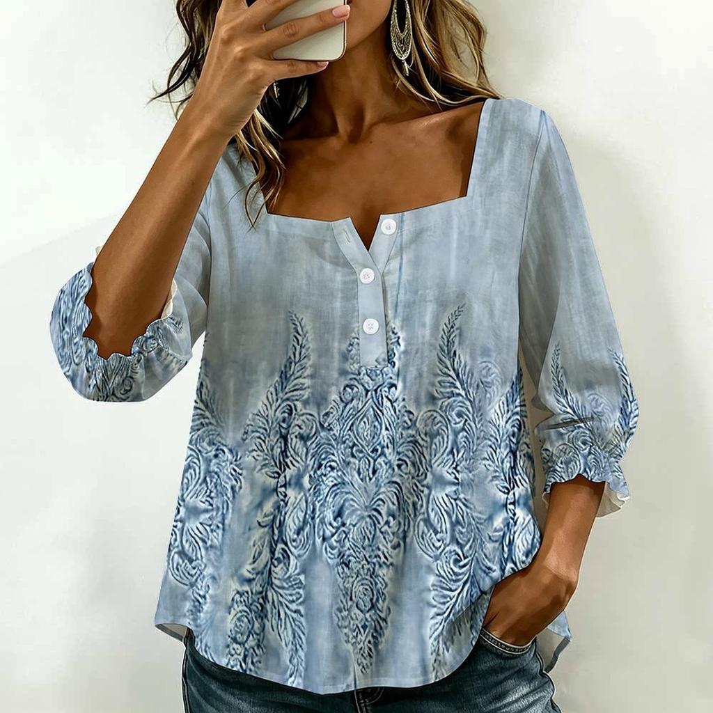 Women Square Neck Blouse Teal Leopard Floral Patchwork Print Ruffle Three Quarter Sleeve Shirt