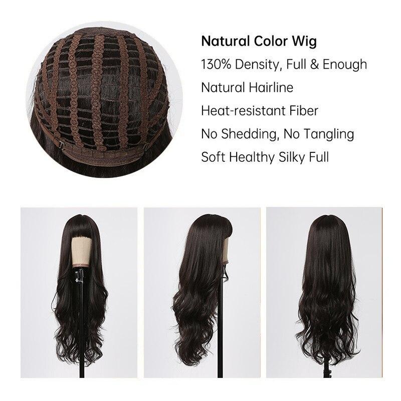 ALAN EATON Black Long Body Wavy Wig for Women Synthetic Natural Wave Wigs with Bangs Daily Party Fake Hair Heat Resistant Fiber