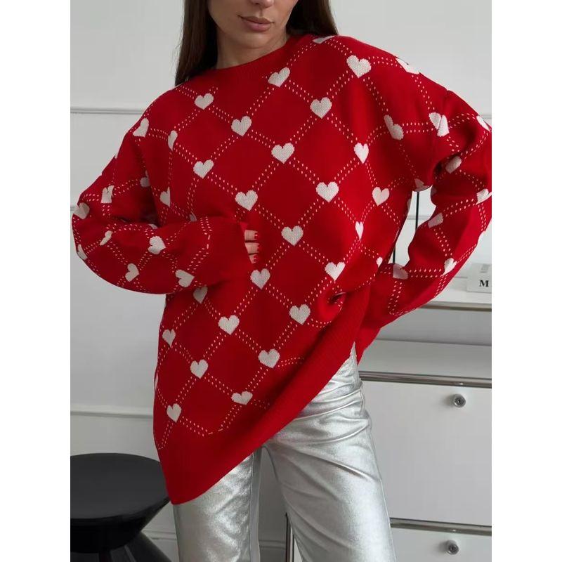 

Мода Ветер Новое поступление Трикотаж Пуловер с сердечками Свитер с круглым вырезом Вязаный свитер в форме сердца Red L
