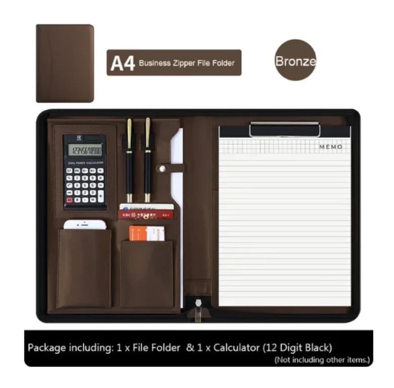 PU Leather Business with Zipper All-in-One Presentation Slot of Portfolio Solar Calculator and Card Storage Writing Pad