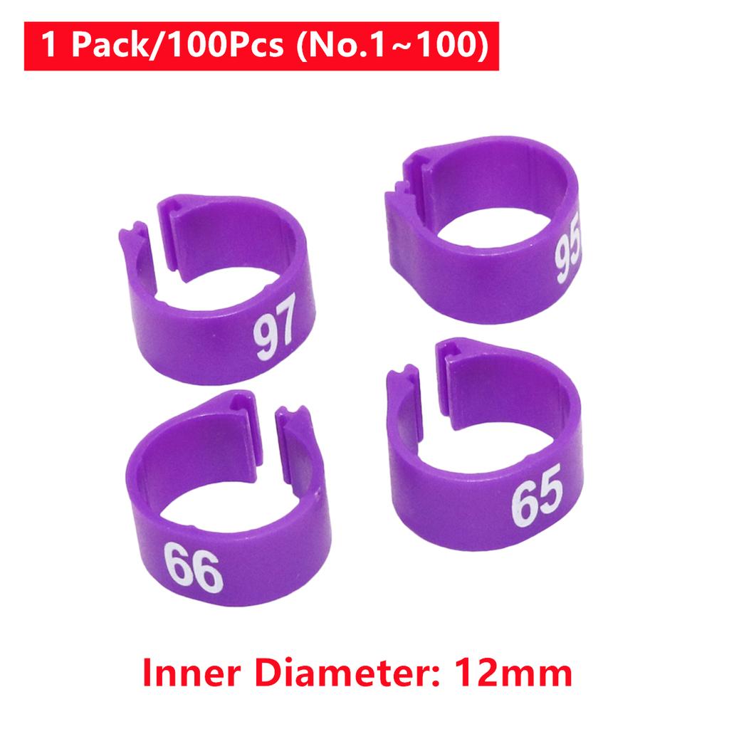 1 Pack/100Pcs Digital Plastic Bird Clip Foot Rings Inner Diameter 12mm Pigeon Quail Identification Leg Rings No.1~100 10 Colors