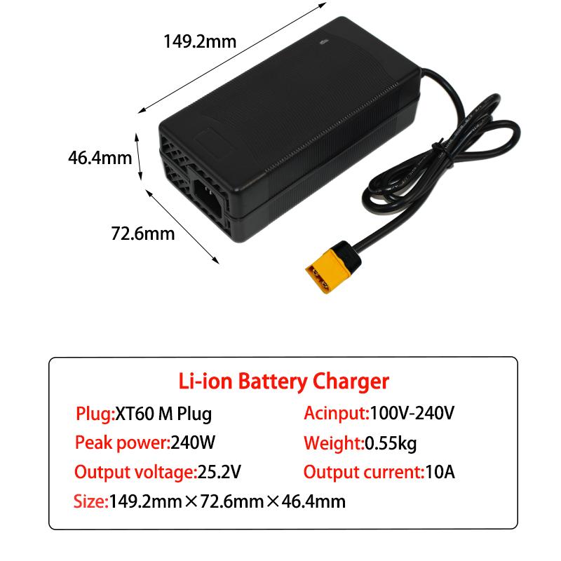 

25.2V 10A 12A 28A Charger Smart Aluminum Case for 6S 22.2V Outdoor Li-ion Battery,Battery Pack Charger Built-in cooling fan SANS Plug