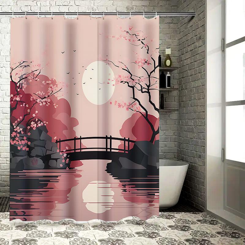 Elegant Japanese Garden Shower Curtain Cherry Blossoms Moonlit Scene Serene Bridge Reflective Pond Bathroom Decor Easy-Clean