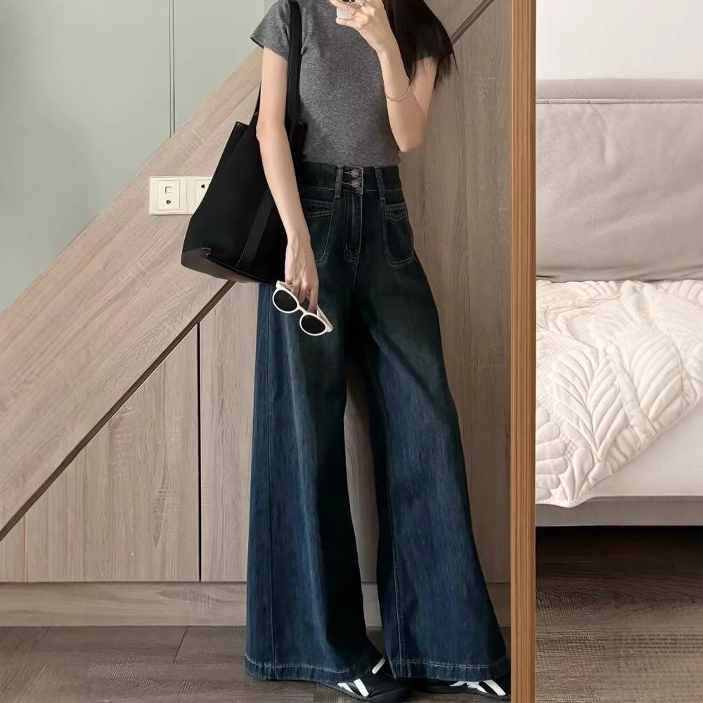 Women's Retro Wide-Leg Jeans: Plus Size, Hip Slimming, Pear-Shaped Fit, Floor-Length, Spring & Autumn Style
