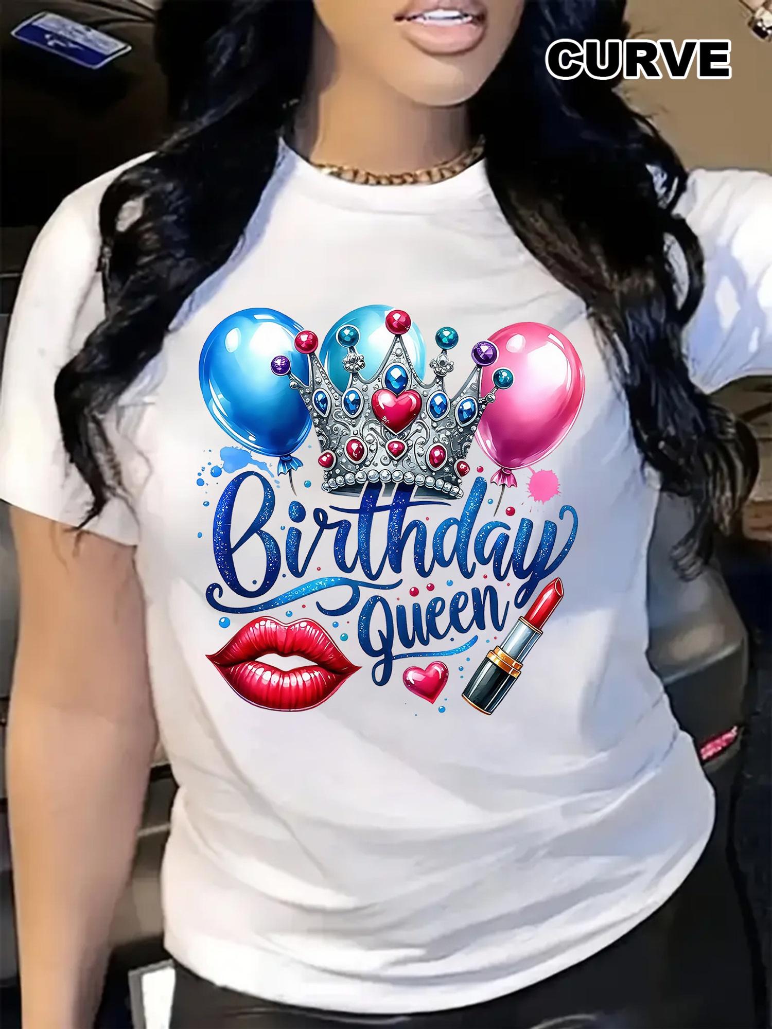 Birthday Queen Crown Balloons Lips Lipstick T-shirt L