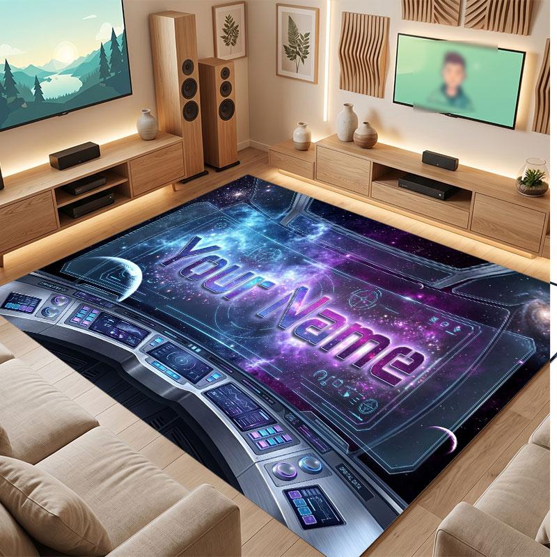 Space Cosmic Theme Crystal Velvet Floor Rug Personalized Custom Name Text Warm Carpet Home Decoration