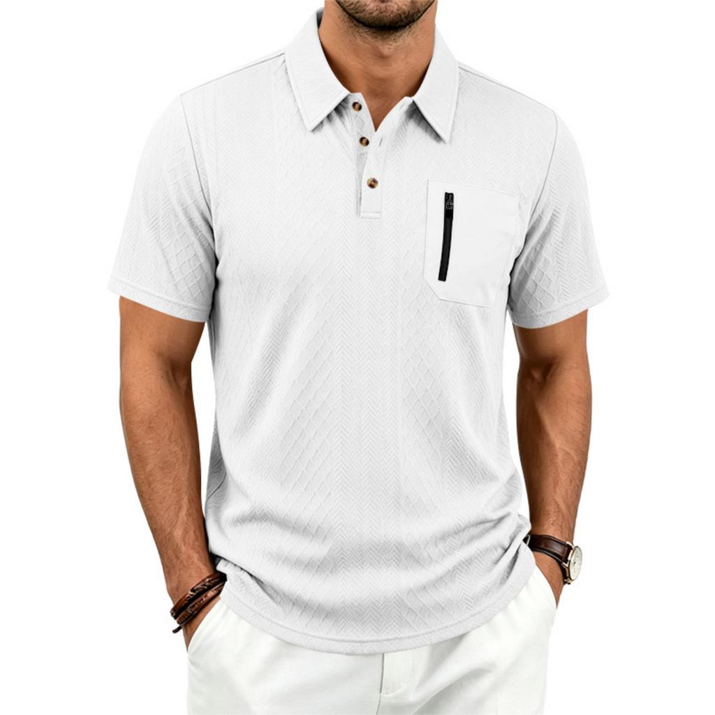 Men's Jacquard Casual Loose Fit Business Short Sleeve Polo Shirt with Collar Pocket and Zipper Detail Suitable for Daily Wear