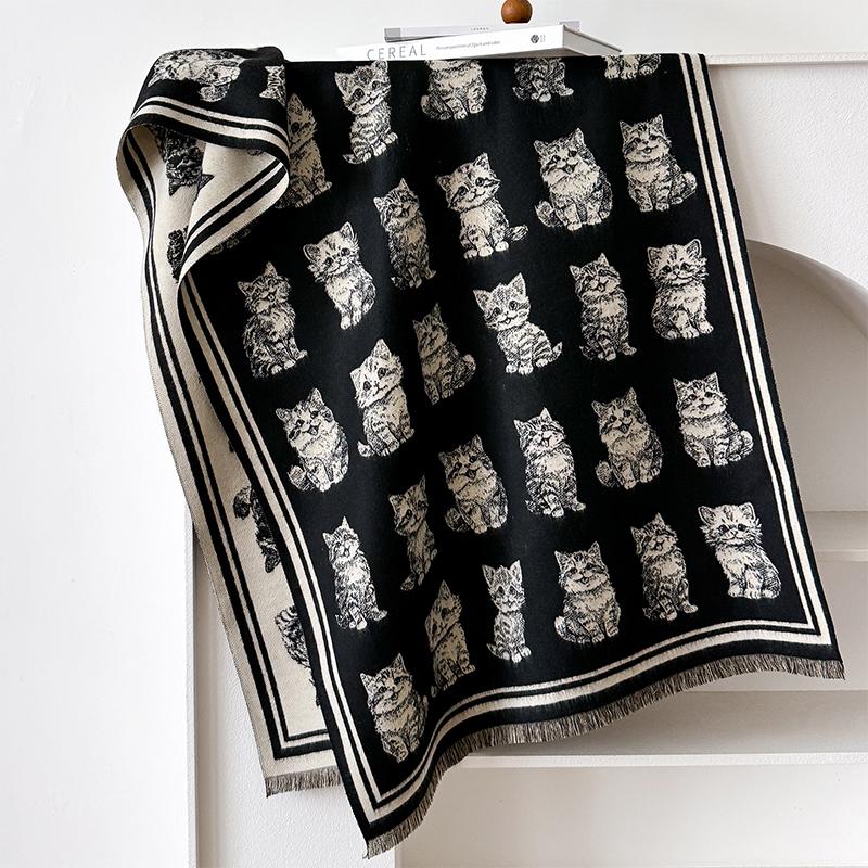Cat Print Winter Warm Cashmere Scarf For Women Luxury Thick Blanket Shawl Wraps Pashmina Neckerchief Lady Poncho Echarpe