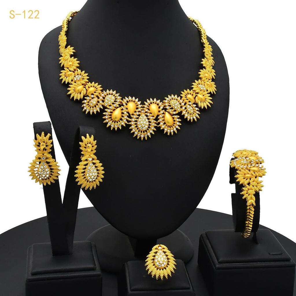 24K Gold-Plated Bridal Jewelry Set: Necklace & Earrings, Middle Eastern Wedding Style, Dubai Four-Piece Set
