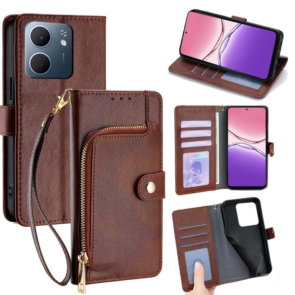 Oppo A5x 5G Tok Cipzáras Zseb PU Bőr Pénztárca Flip Telefonvédő Pánttal