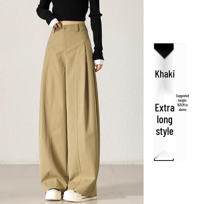 Women's High-Waisted Khaki Wide-Leg Pants with Side Pleats - Slimming, Trendy Fashion for Spring & Autumn 2025
