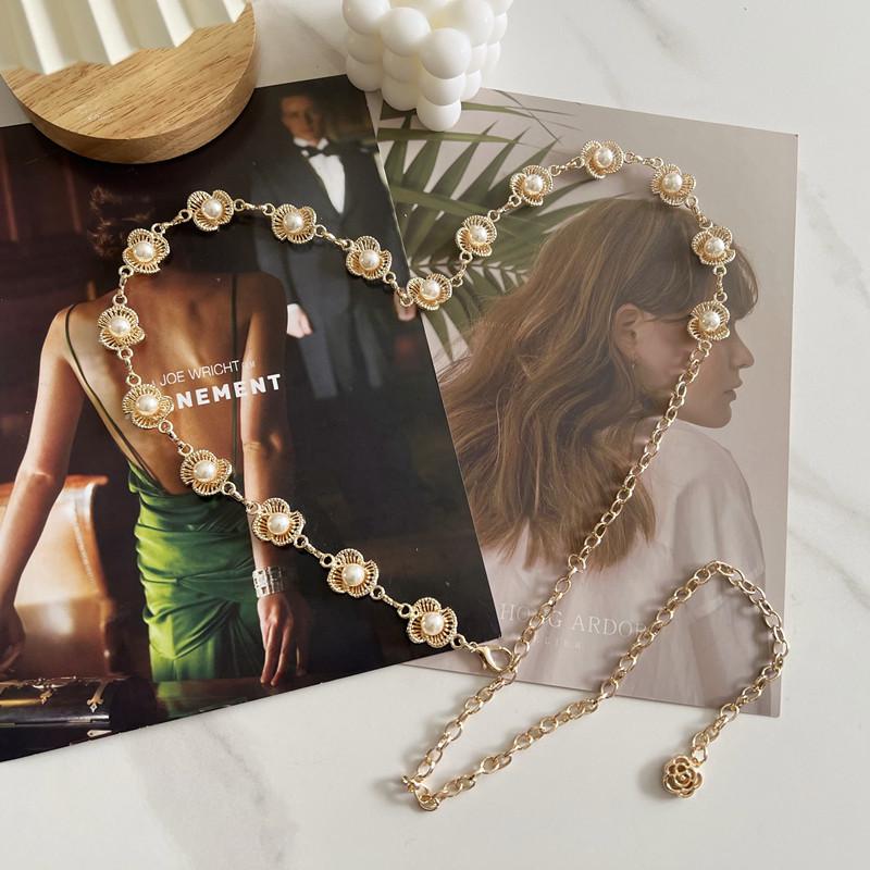 

Металлическая цепочка на талию женская с жемчугом в форме цветка, декоративный пояс для платья с подвеской, женский золотой