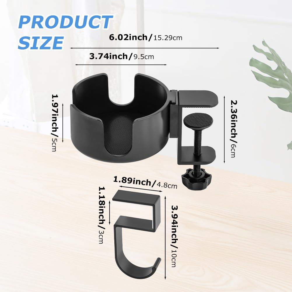 Desk Cup Holder Clamp W/Desk Hook,Large Anti-Spill Cup Holder Clamp, Easy to tall Table Cup Holder,Desk Drink Bottle Holder for Coffee Mups,Water