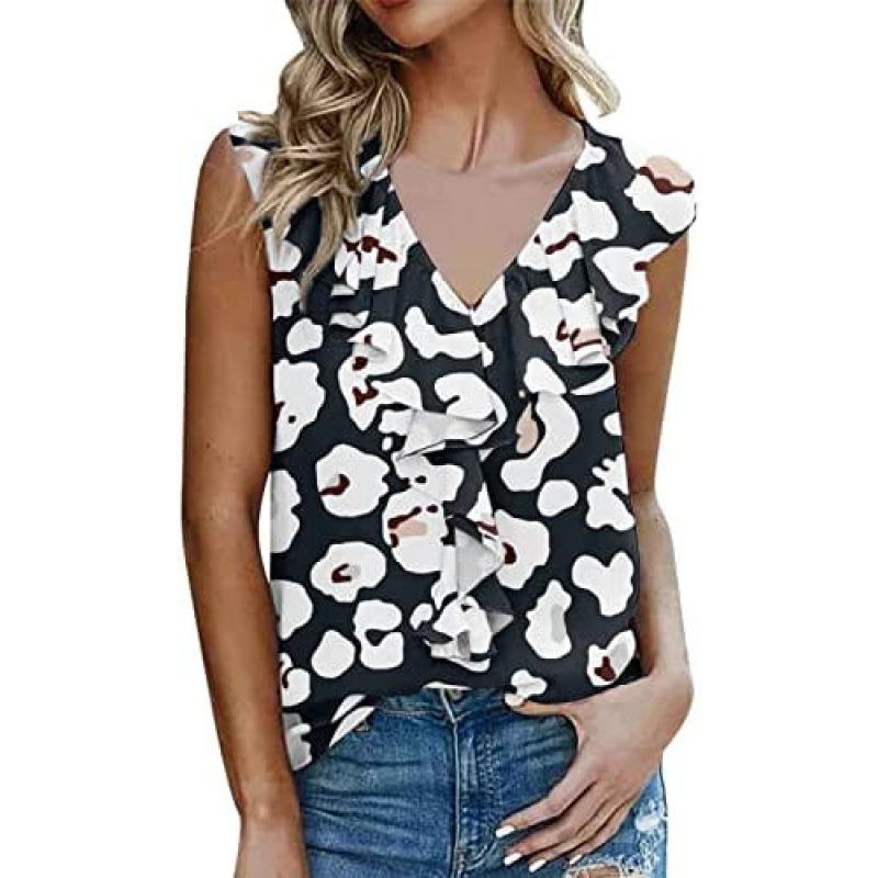 Women s Summer Sleeveless V-neck Printed Fungus Vest Chiffon T-shirt Clothes Sale S чёрный