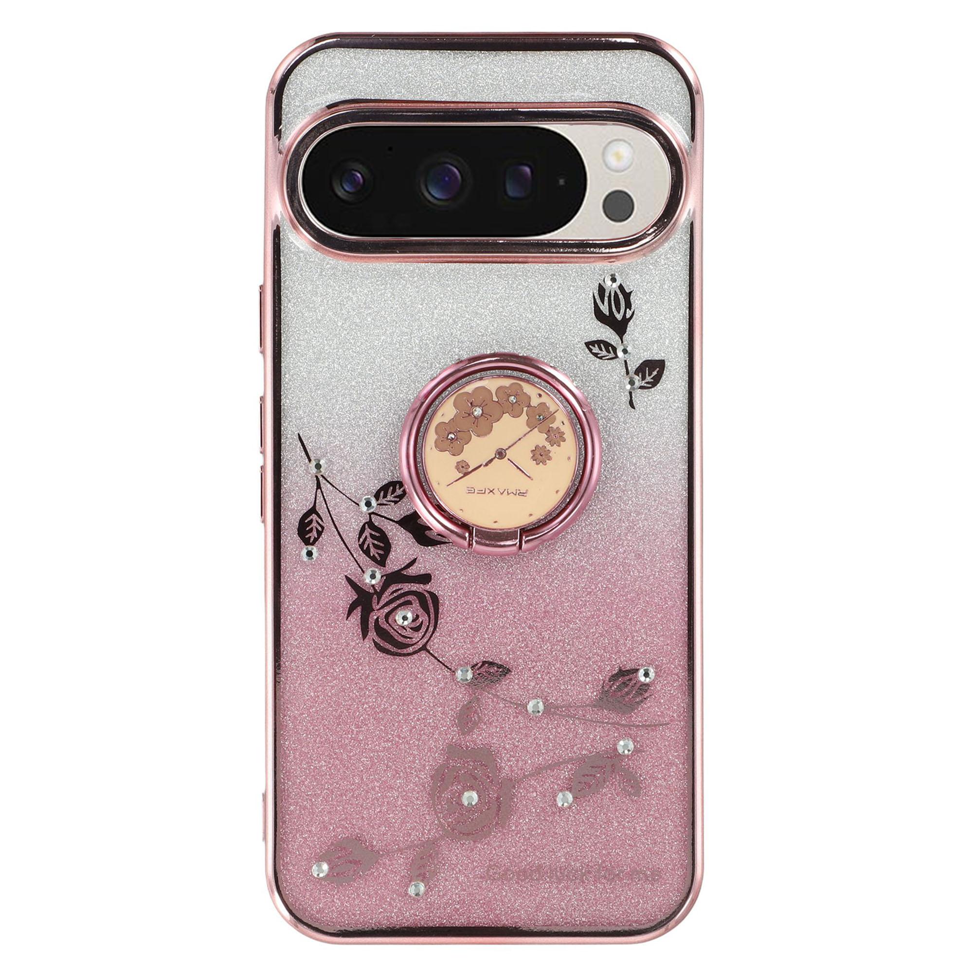 

KADEM For Google Pixel 9 Pro Case Ring Kickstand Rhinestone Flower TPU Anti-Scratch Phone Cover Rose Gold