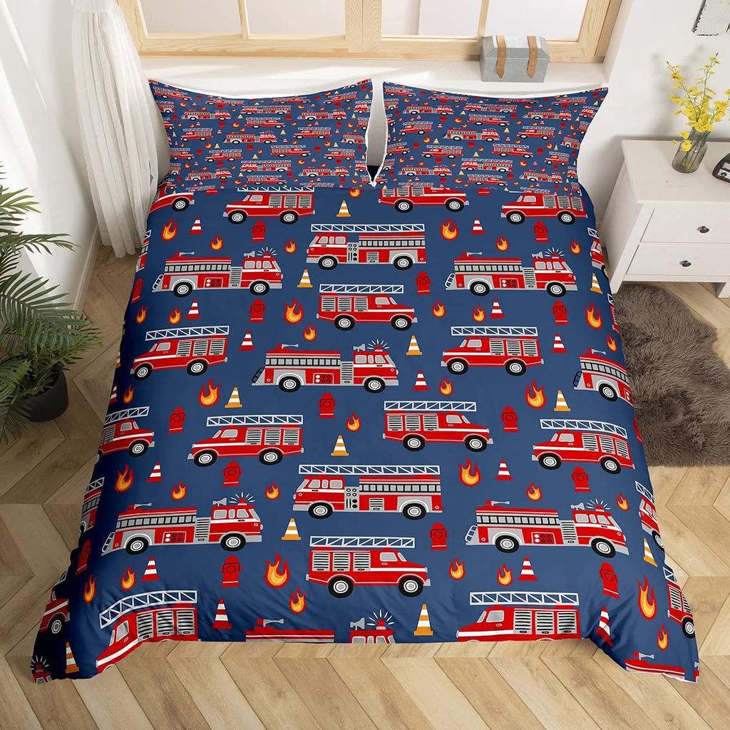 Comforter Fire Truck For Kids Boys Fire Engine Vehicle Extinguisher Fire Hydrant Print Bedding Set Microfiber Twin