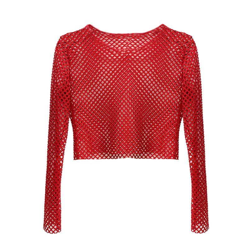

Punk Midriff Outfit Long Sleeve Mesh Large Hole Dance T-shirt Big Red L