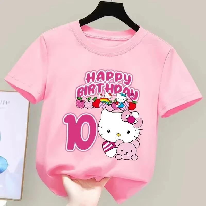 2026 New Hello Kitty Birthday Kids Short Sleeved Fashion Printed Boys and Girls Summer Clothes Short Sleeved Baby Cotton Tshirt 100