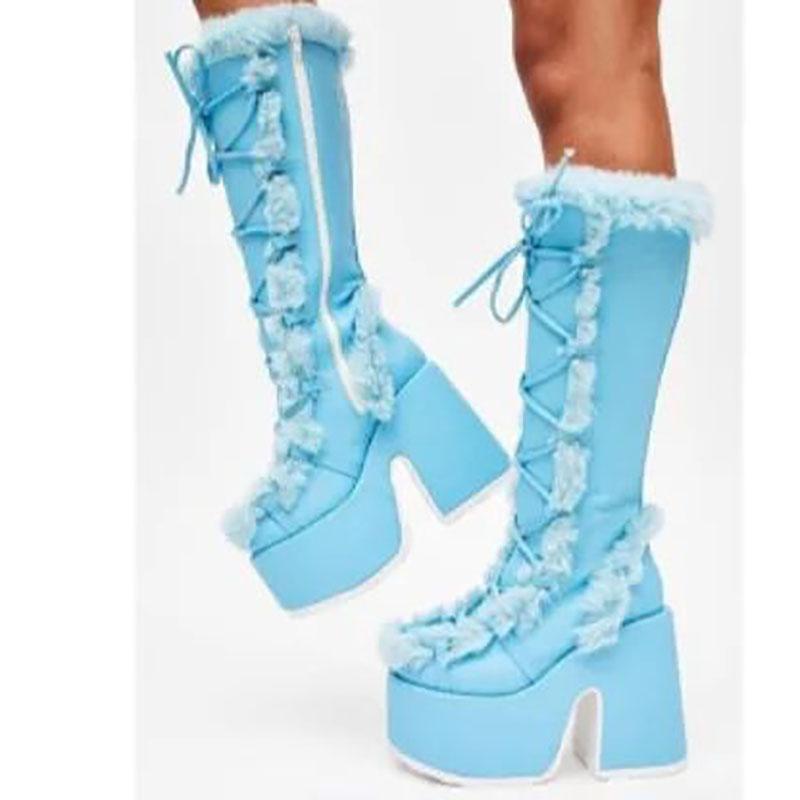 

Зимние женские зимние сапоги на платформе с танкеткой и высоким каблуком из искусственного меха, женские плюшевые теплые нескользящие сапоги до середины голени, готическая обувь 37 синий