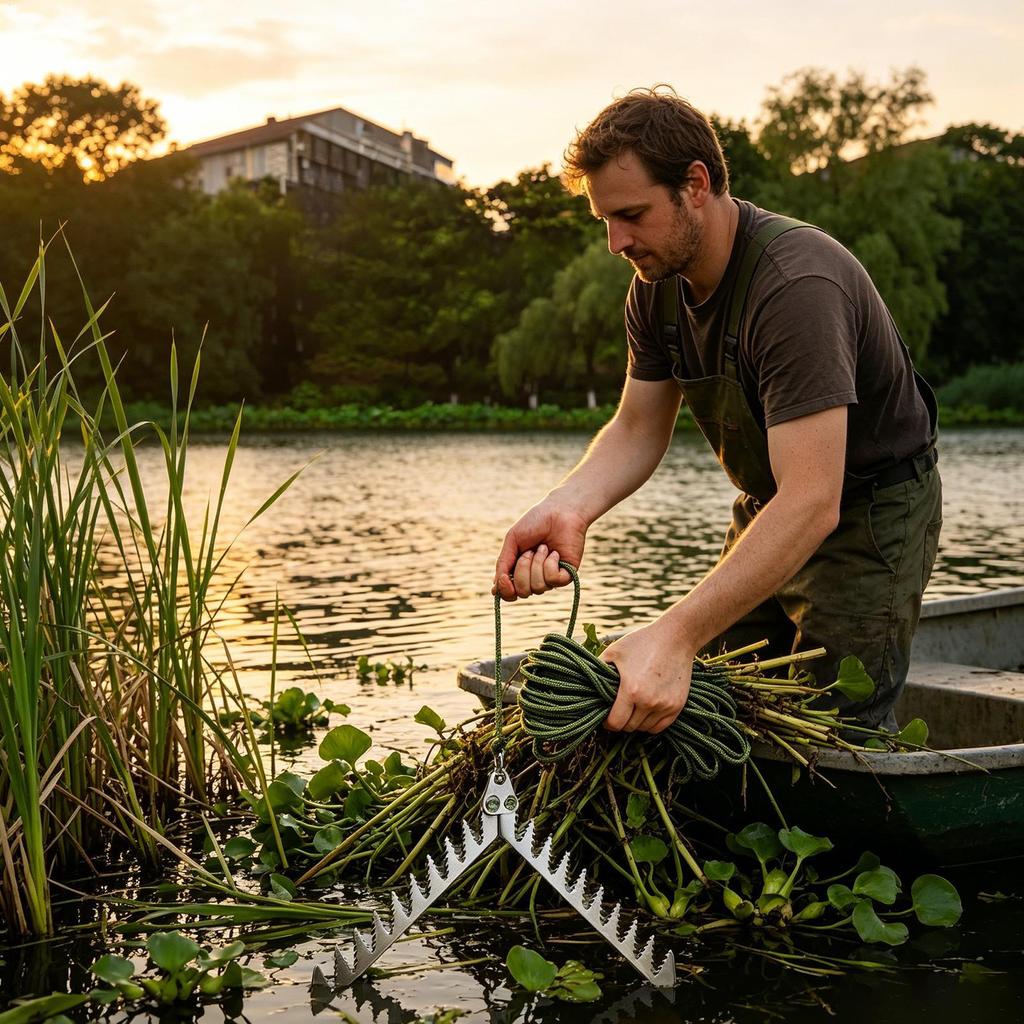 Cortador de Hierba para Plantas Acuáticas Plegable de Alta Resistencia con Cuerda de 20 Metros Cortador de Plantas Acuáticas para Barcos Canoas Pesca
