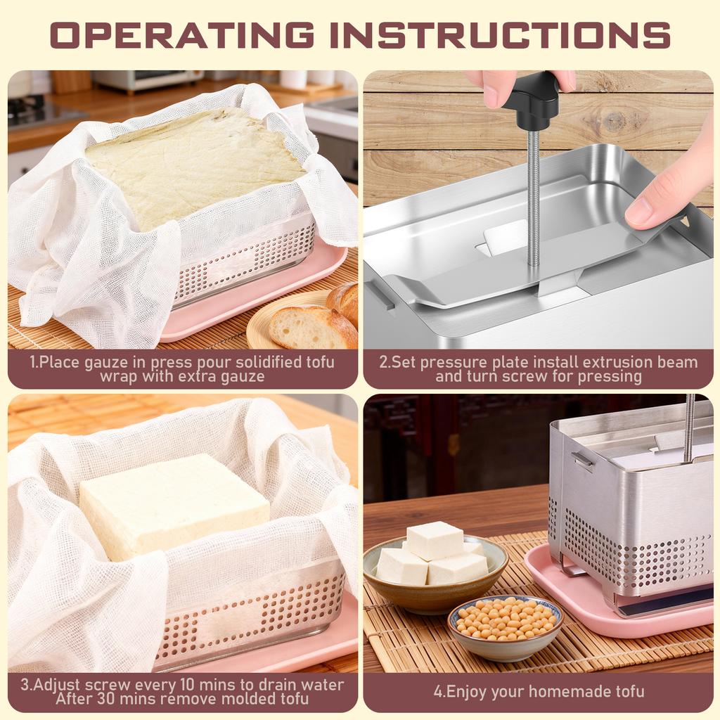 Stainless Steel Tofu Press Cheese Making Molds Homemade Tofu Mold with Presser Towel and Drip Tray Tofu Press Moulds for Kitchen