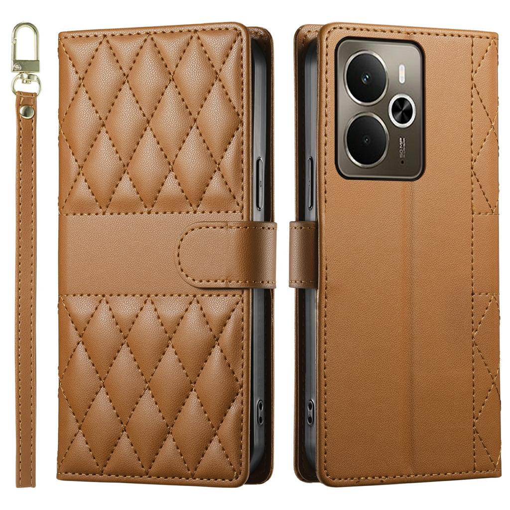 Für Realme 14 5G Hülle Rautensteppung Brieftasche Ständer Leder Handyhülle mit langem/kurzem Riemen