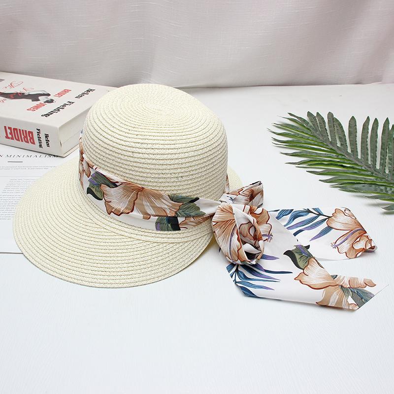 Damen Strohsonnenhut mit Blumenband, breite Krempe, UV-Schutz, Sommer-Strandhut, Mode, leicht, für Urlaub, Reisen, Mützen