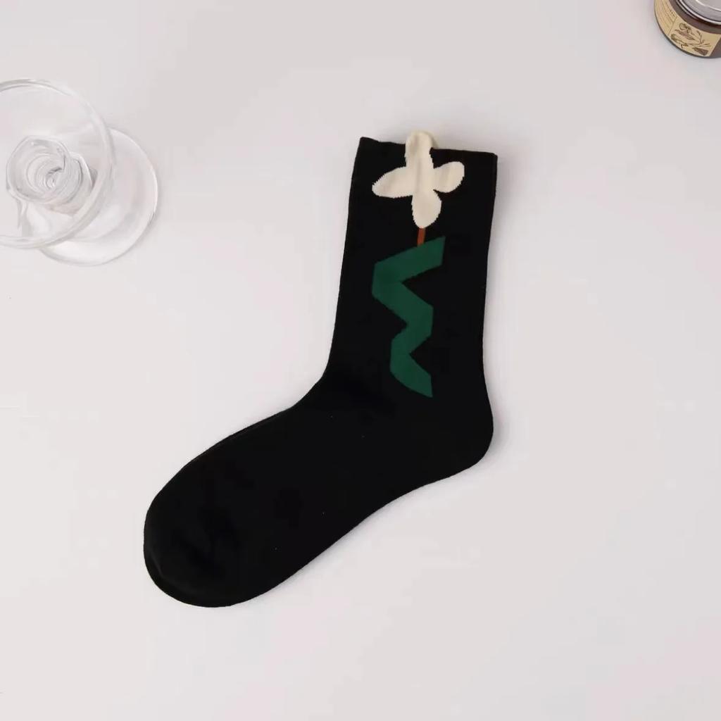 Women Socks Korean Japanese Style Cartoon Green Flower Harajuku Cute Kawaii Mid Tube Socks Breathable Casual Short  Cotton Socks