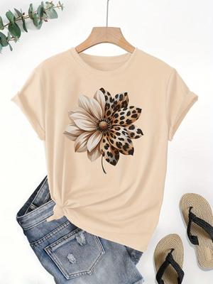 New Women's Retro Floral and Leopard Print Round Neck Short Sleeved T-shirt Casual and Holiday Wear Urban Style Printed T-Shirt