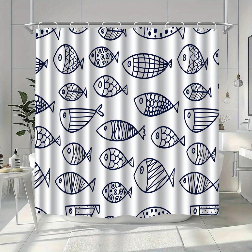 1Pc Minimalist Blue Fish Pattern Shower Curtain, Machine Washable Polyester, Suitable For Bathroom Decor.